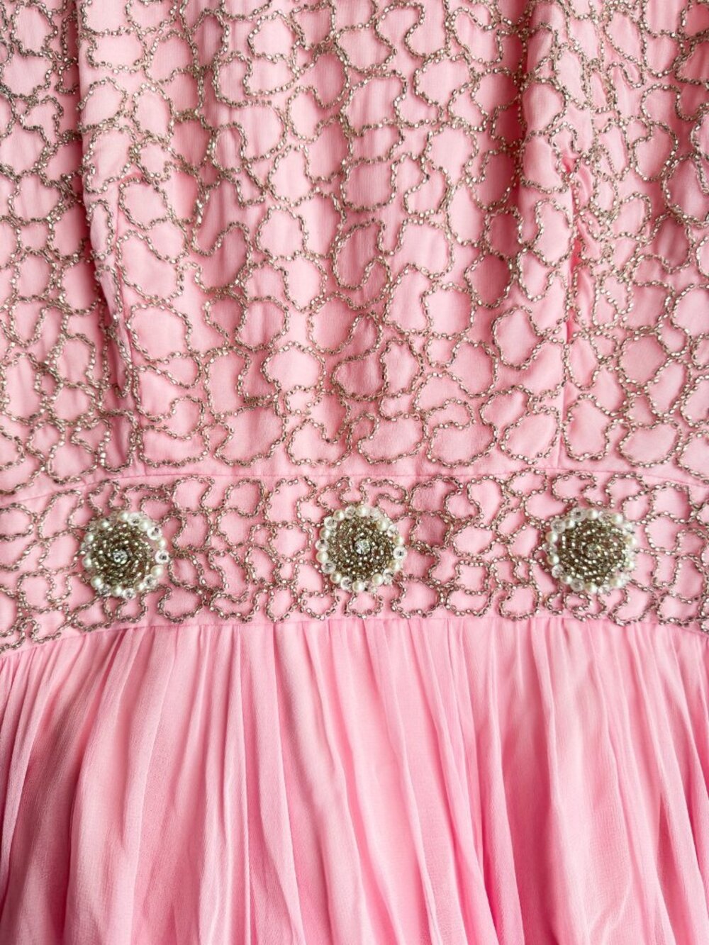 Vintage 60s Barbie Pink Beaded Fit and Flare Midi Cocktail Dress S - Picture 9 of 9
